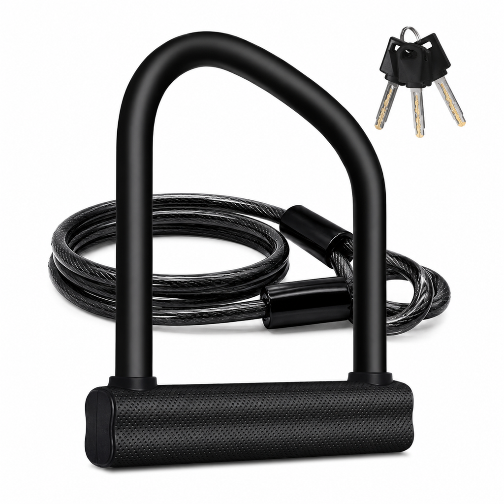 Bike U Lock with Steel Cable and Keys, Heavy Duty Bicycle Security Lock, U-Shaped Anti-Theft Lock for Bikes, E-Bikes & Scooters
