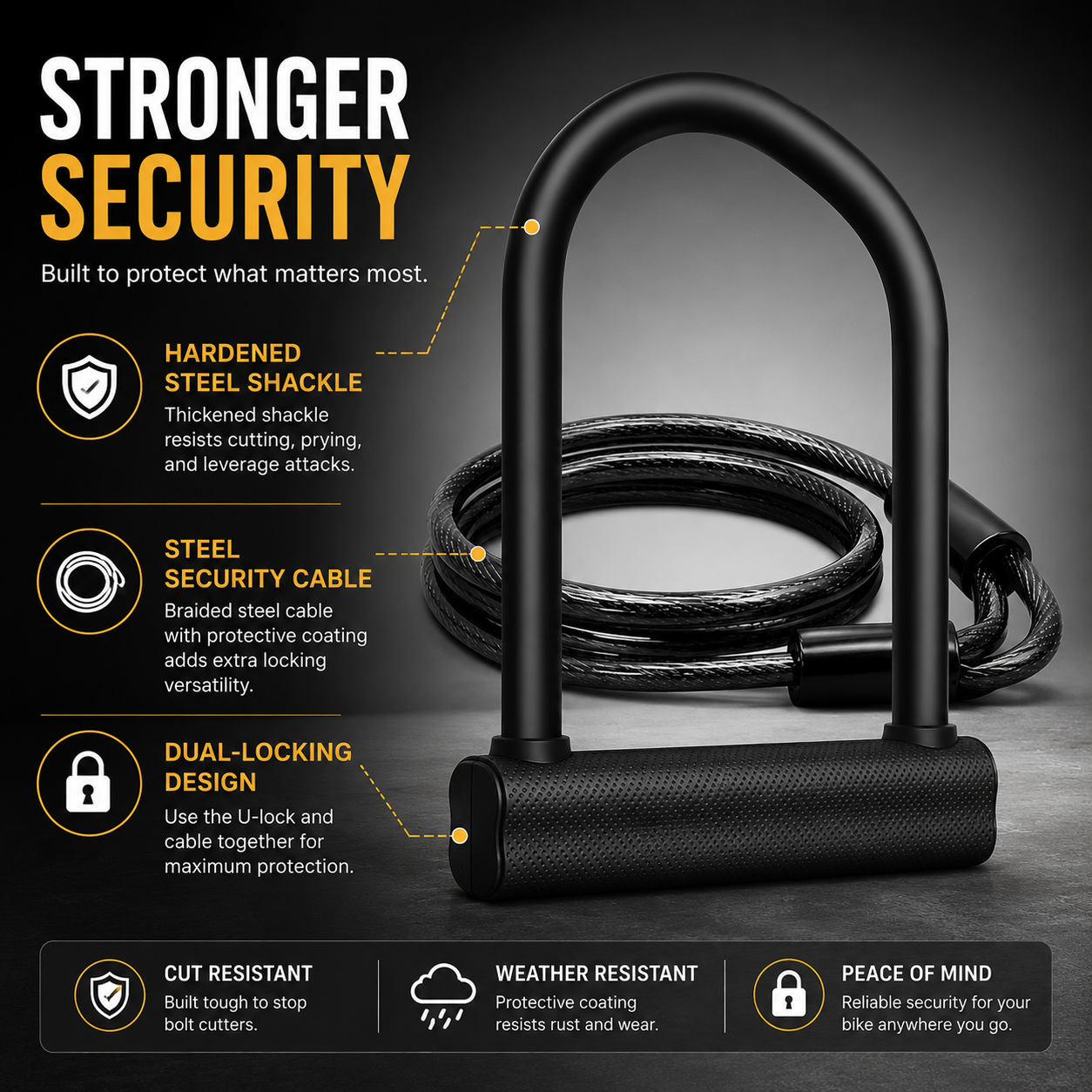 Bike U Lock with Steel Cable and Keys, Heavy Duty Bicycle Security Lock, U-Shaped Anti-Theft Lock for Bikes, E-Bikes & Scooters