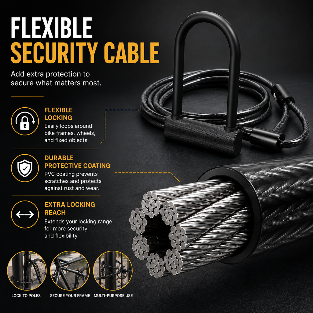 Bike U Lock with Steel Cable and Keys, Heavy Duty Bicycle Security Lock, U-Shaped Anti-Theft Lock for Bikes, E-Bikes & Scooters
