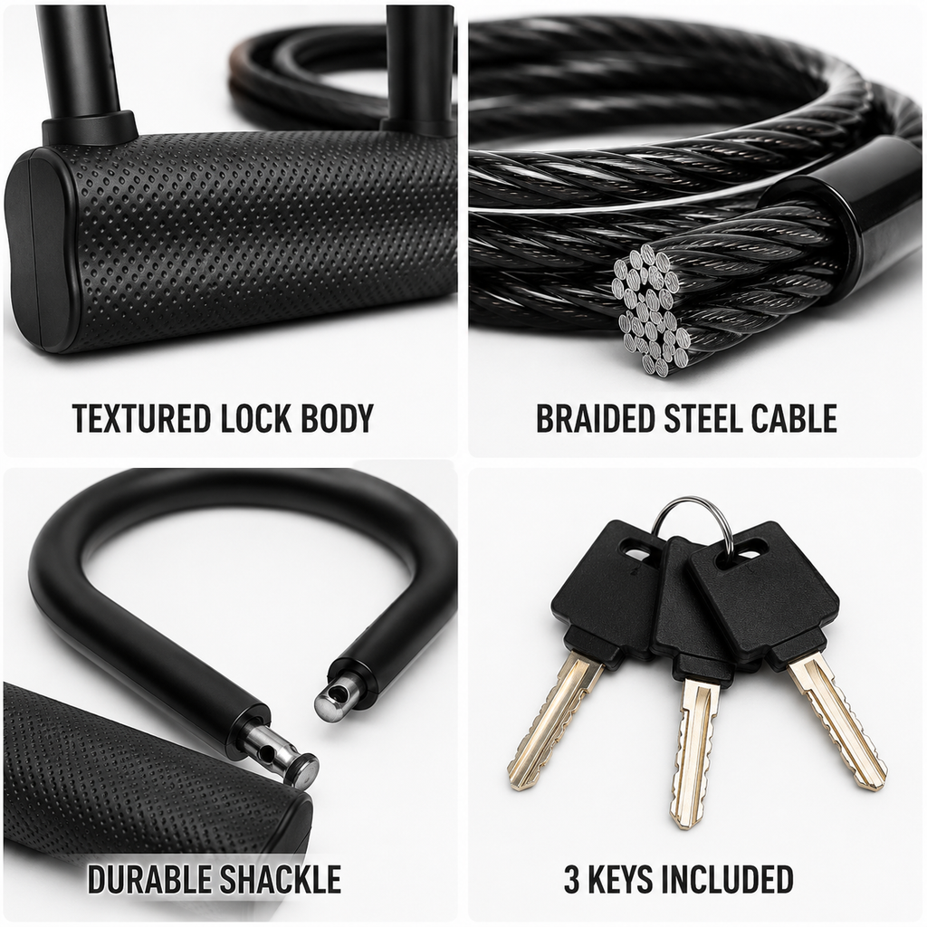 Bike U Lock with Steel Cable and Keys, Heavy Duty Bicycle Security Lock, U-Shaped Anti-Theft Lock for Bikes, E-Bikes & Scooters