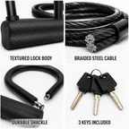 Bike U Lock with Steel Cable and Keys, Heavy Duty Bicycle Security Lock, U-Shaped Anti-Theft Lock for Bikes, E-Bikes & Scooters