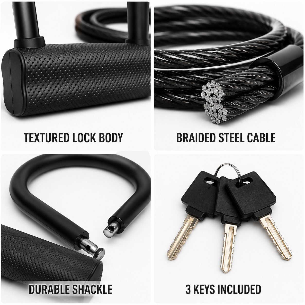 Bike U Lock with Steel Cable and Keys, Heavy Duty Bicycle Security Lock, U-Shaped Anti-Theft Lock for Bikes, E-Bikes & Scooters