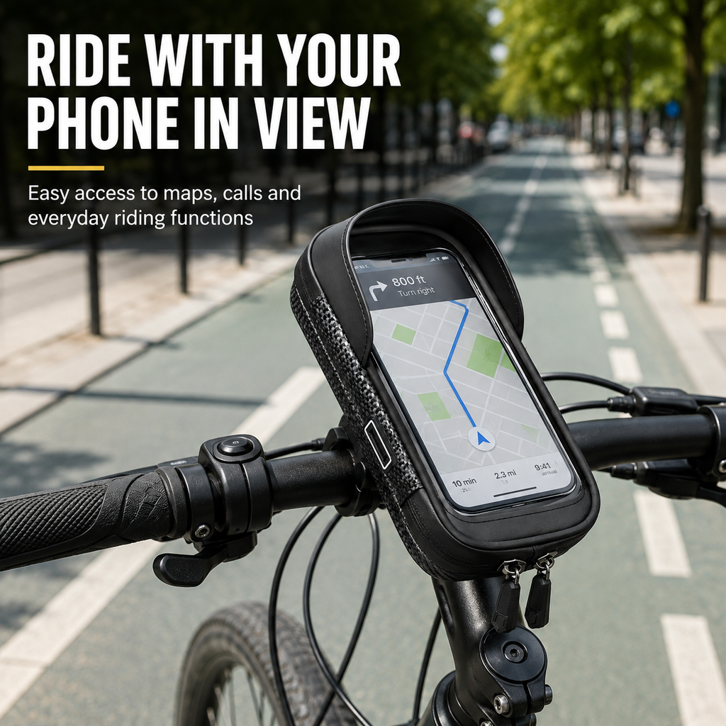 Bike Phone Holder Bag for Handlebar, Touchscreen Phone Mount with Storage, Rotating Bike Phone Bag for Bicycle and E-Bike