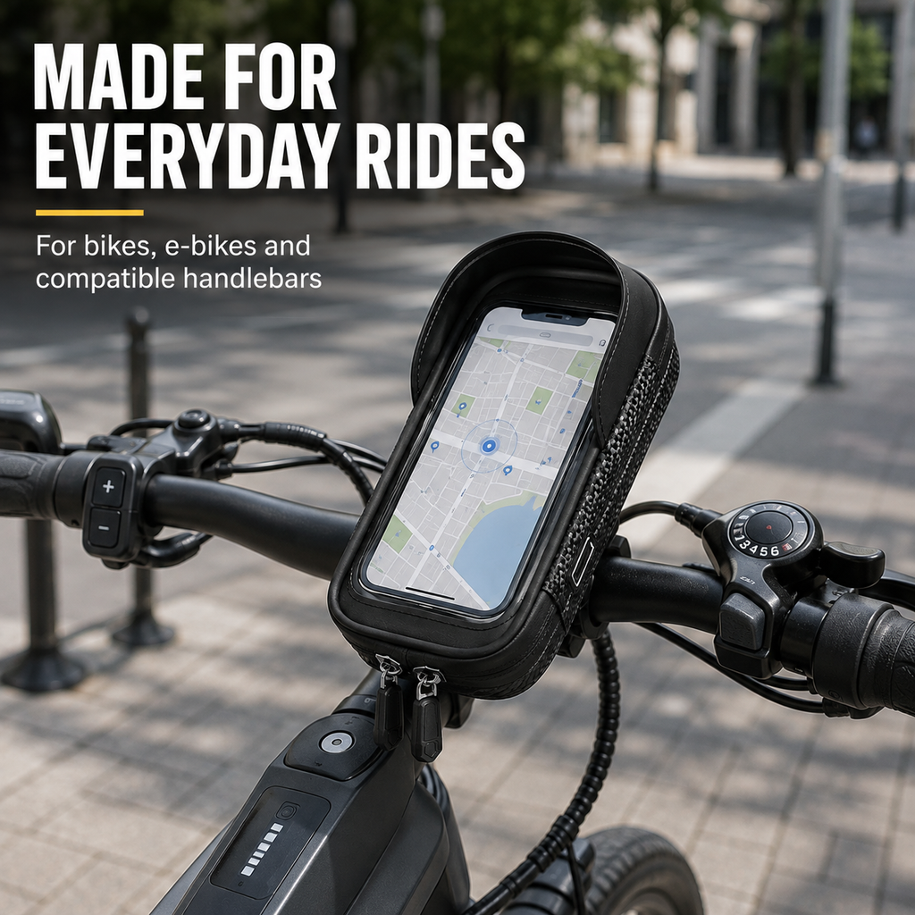 Bike Phone Holder Bag for Handlebar, Touchscreen Phone Mount with Storage, Rotating Bike Phone Bag for Bicycle and E-Bike