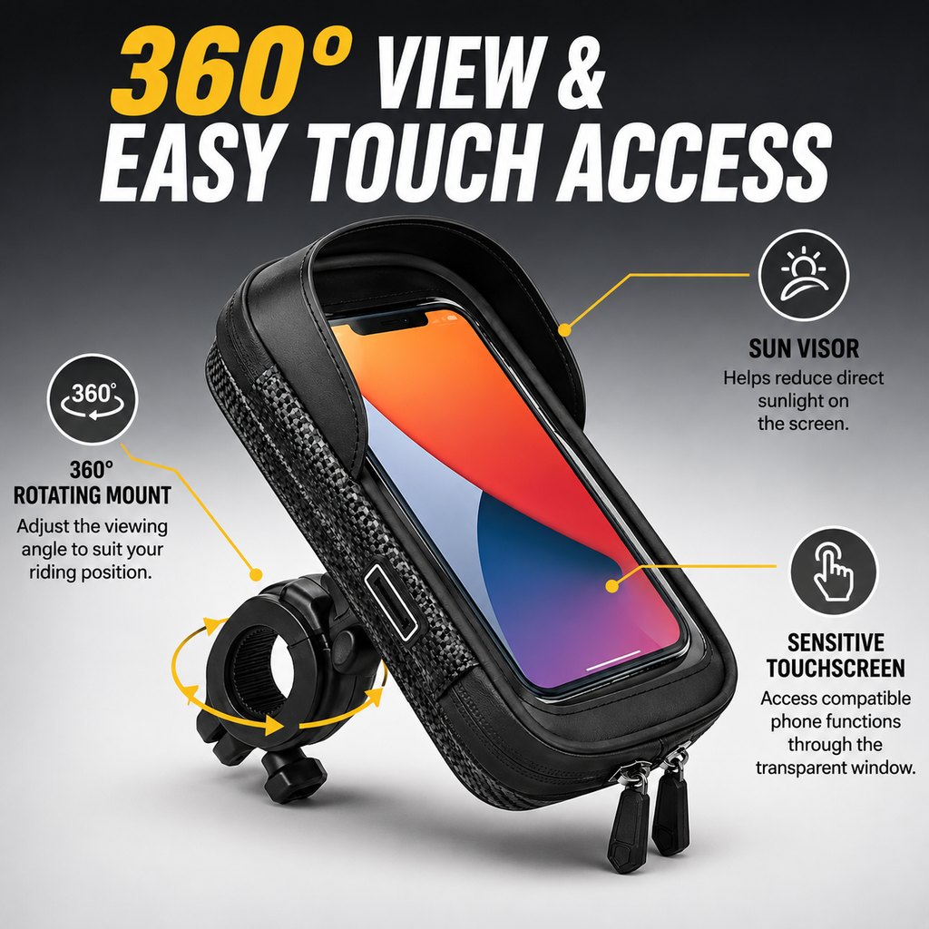 Bike Phone Holder Bag for Handlebar, Touchscreen Phone Mount with Storage, Rotating Bike Phone Bag for Bicycle and E-Bike