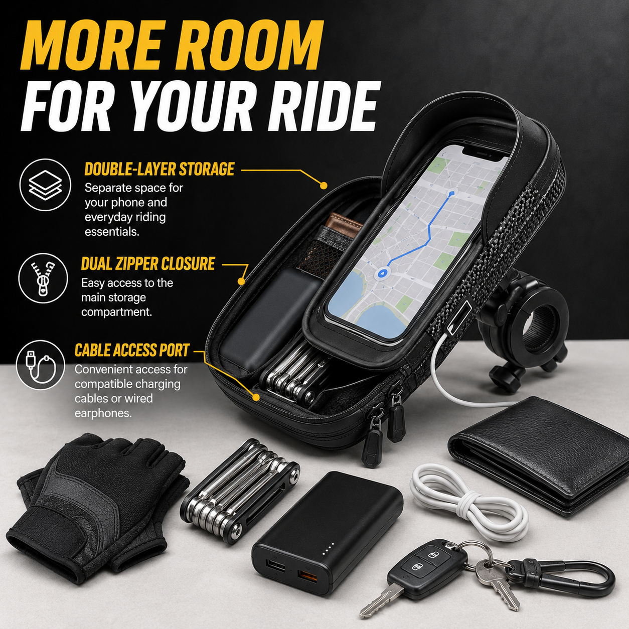 Bike Phone Holder Bag for Handlebar, Touchscreen Phone Mount with Storage, Rotating Bike Phone Bag for Bicycle and E-Bike