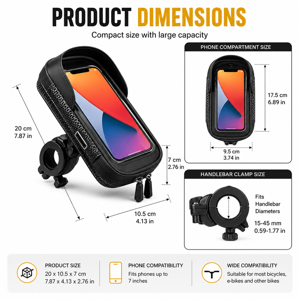 Bike Phone Holder Bag for Handlebar, Touchscreen Phone Mount with Storage, Rotating Bike Phone Bag for Bicycle and E-Bike