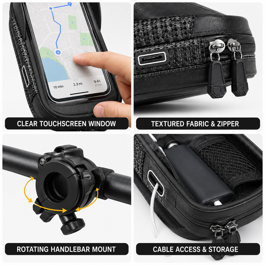 Bike Phone Holder Bag for Handlebar, Touchscreen Phone Mount with Storage, Rotating Bike Phone Bag for Bicycle and E-Bike