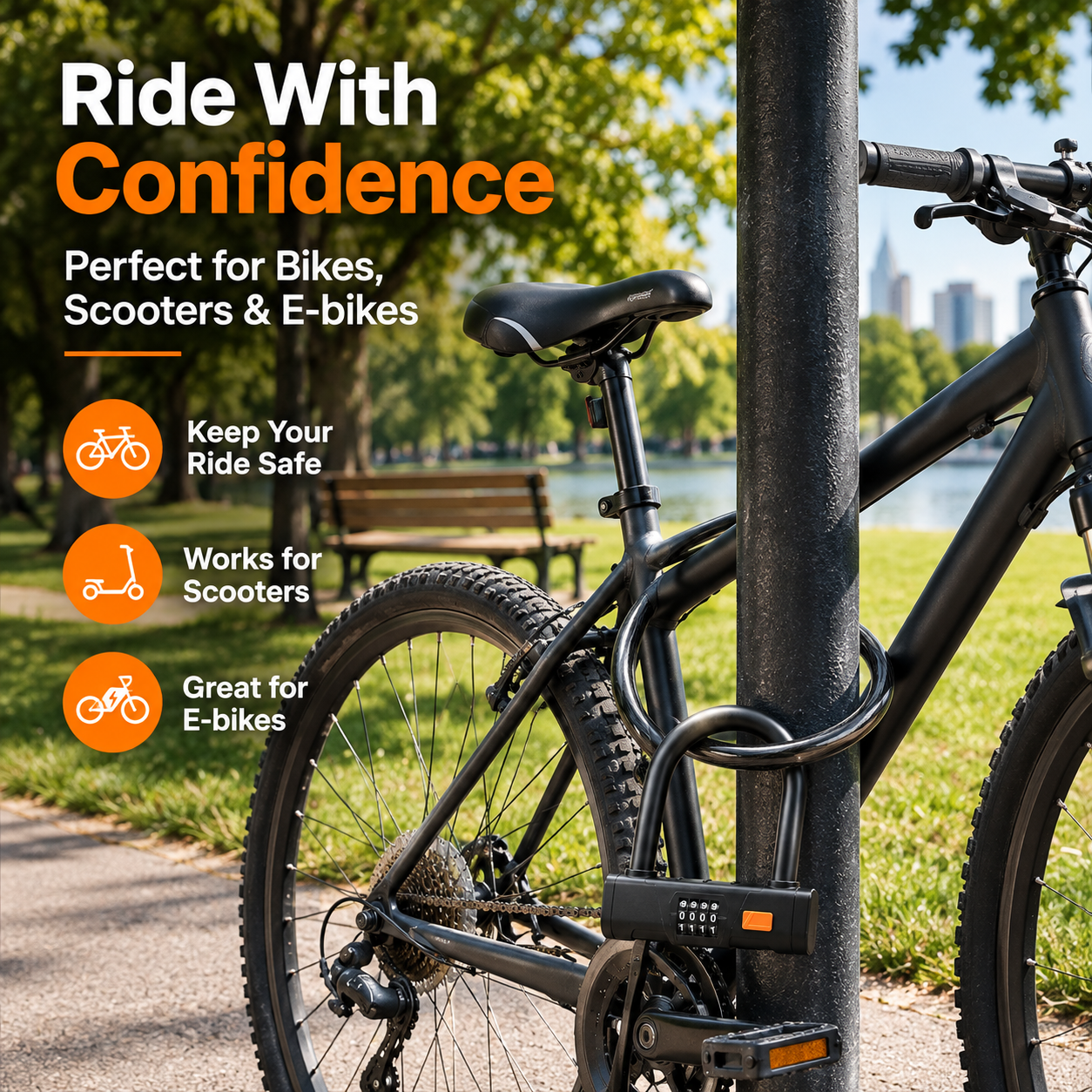 Bike U Lock with Steel Cable, 4-Digit Resettable Combination, Heavy Duty Anti-Theft Bicycle Lock