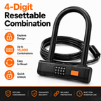 Bike U Lock with Steel Cable, 4-Digit Resettable Combination, Heavy Duty Anti-Theft Bicycle Lock
