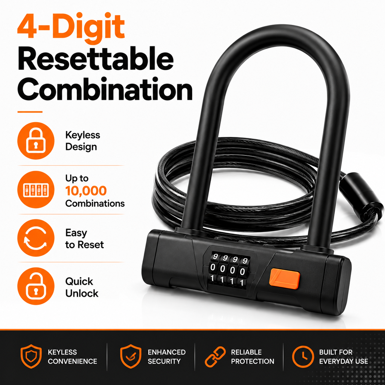 Bike U Lock with Steel Cable, 4-Digit Resettable Combination, Heavy Duty Anti-Theft Bicycle Lock