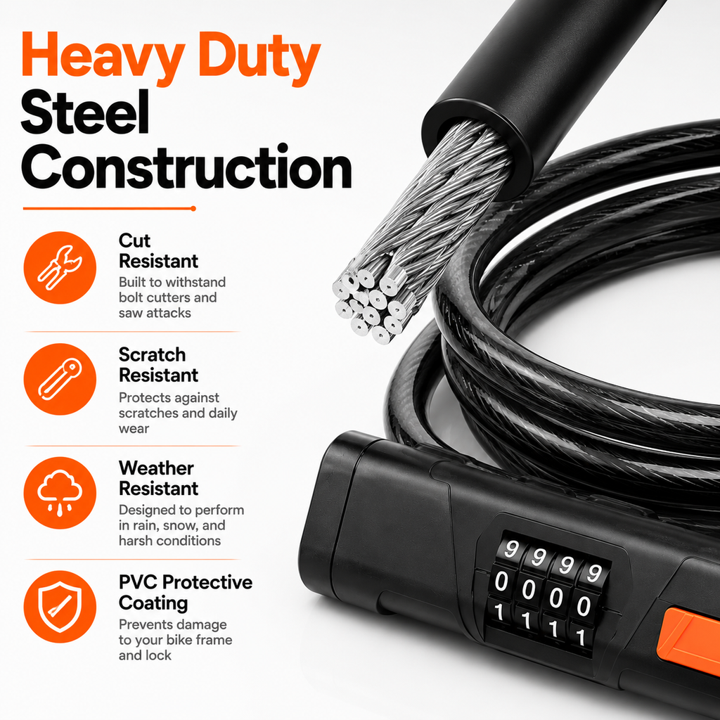 Bike U Lock with Steel Cable, 4-Digit Resettable Combination, Heavy Duty Anti-Theft Bicycle Lock