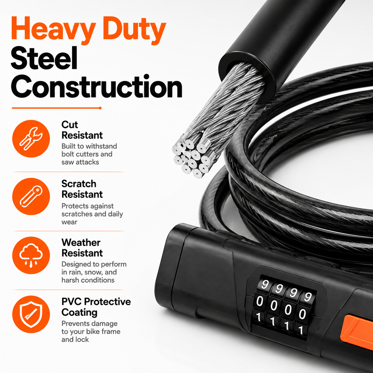 Bike U Lock with Steel Cable, 4-Digit Resettable Combination, Heavy Duty Anti-Theft Bicycle Lock