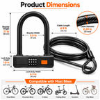 Bike U Lock with Steel Cable, 4-Digit Resettable Combination, Heavy Duty Anti-Theft Bicycle Lock
