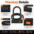 Bike U Lock with Steel Cable, 4-Digit Resettable Combination, Heavy Duty Anti-Theft Bicycle Lock