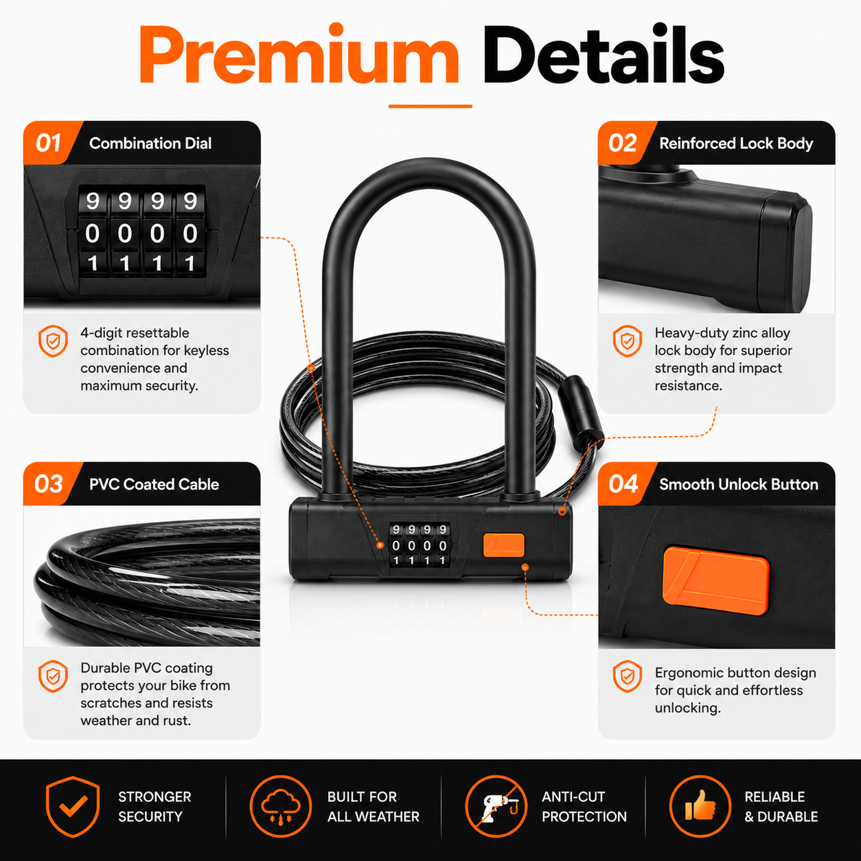 Bike U Lock with Steel Cable, 4-Digit Resettable Combination, Heavy Duty Anti-Theft Bicycle Lock